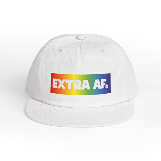 Extra AF Rainbow Surf Cap — White Beach Hat with Bold Pride Design