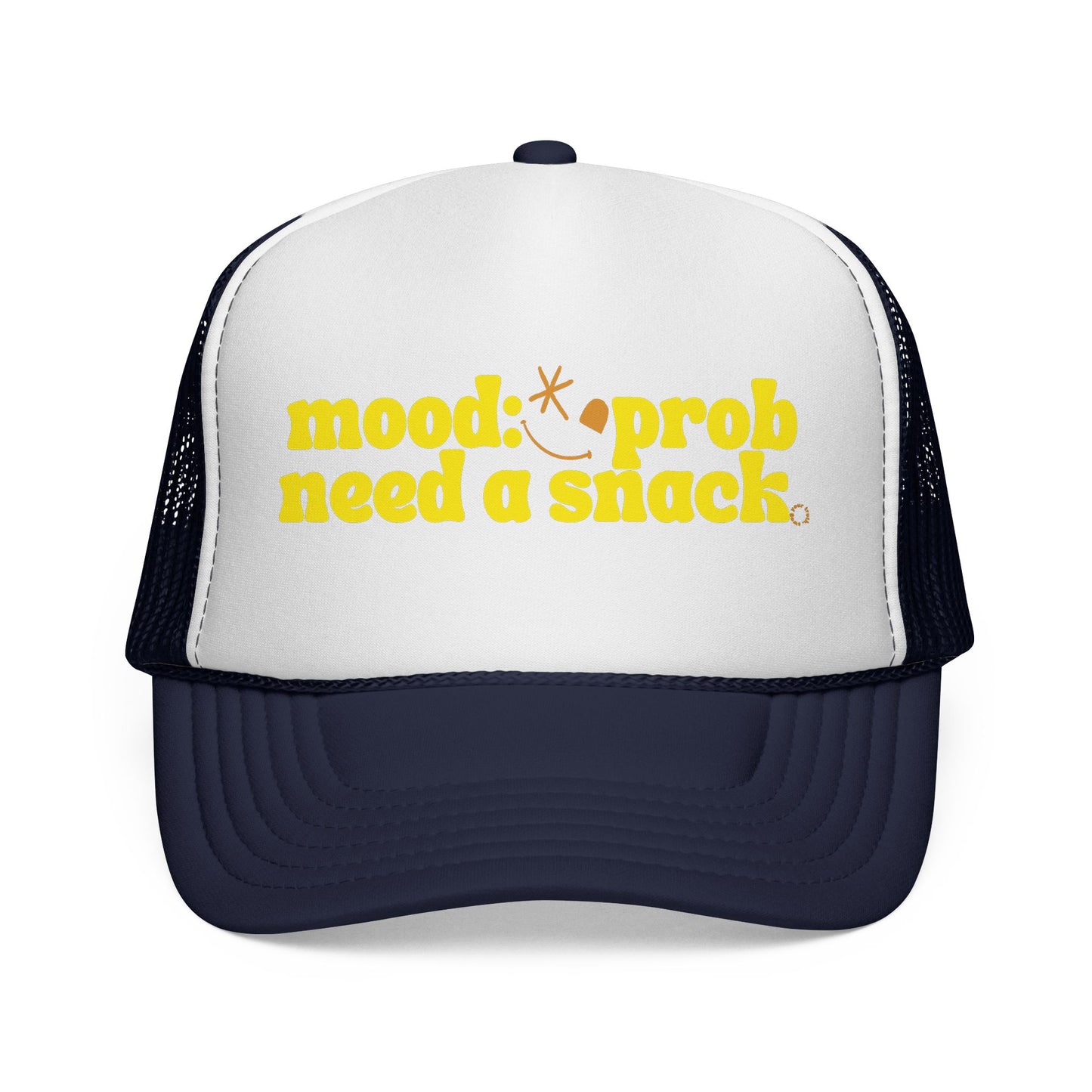Trucker Cap — "Mood: Probably Need a Snack" Retro Yellow Text