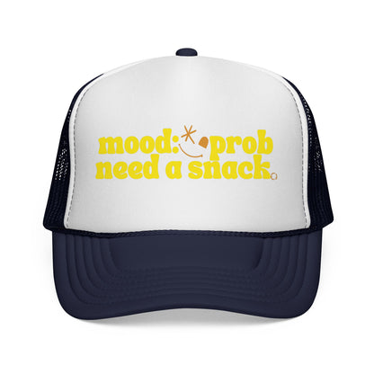 Trucker Cap — "Mood: Probably Need a Snack" Retro Yellow Text