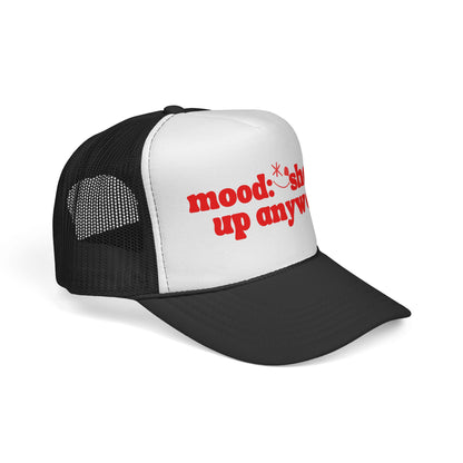 Trucker Cap — "mood: show up anyway" Retro Red Slogan Hat