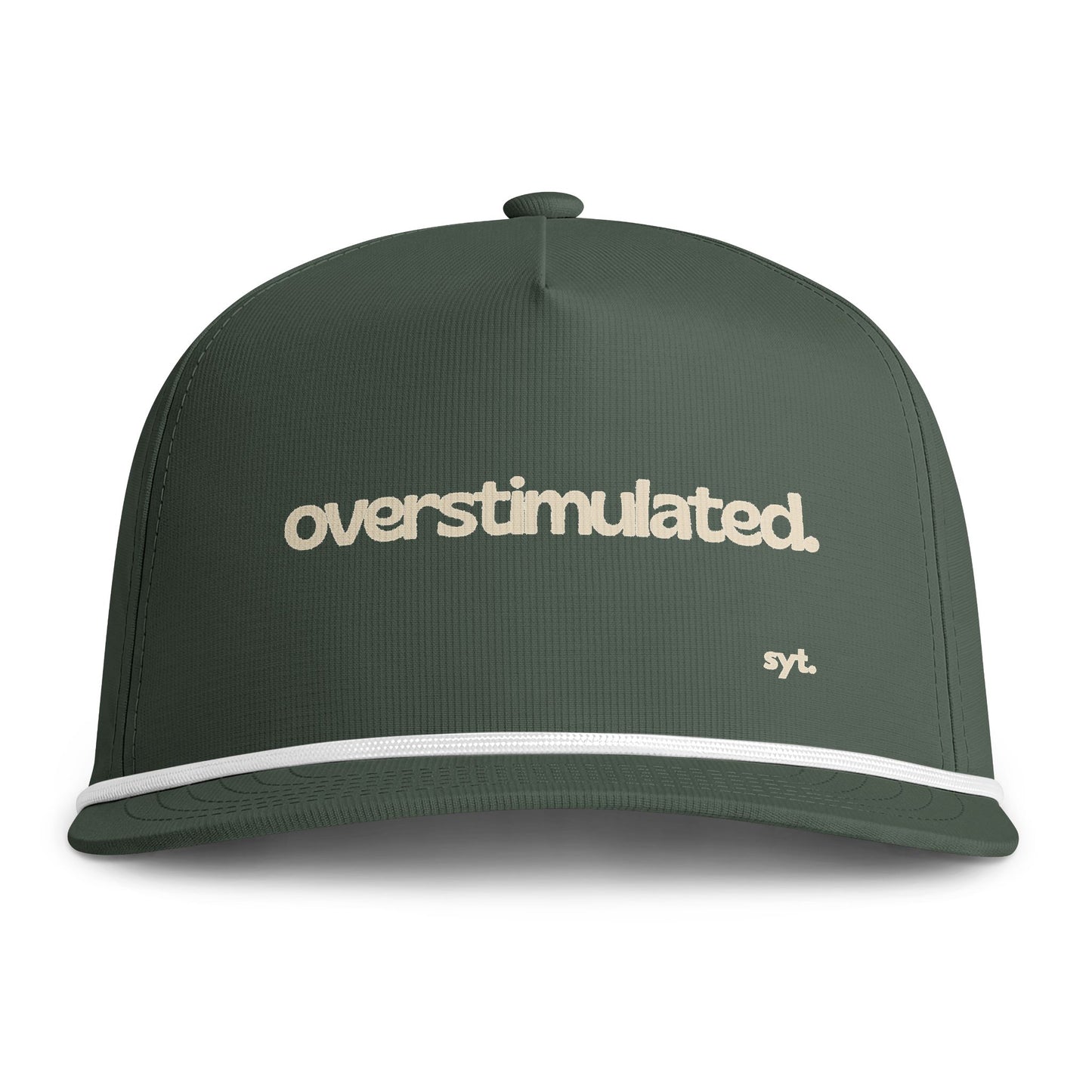 Sunwashed Rope Cap - 'overstimulated.' Embroidered Rope Brim Hat