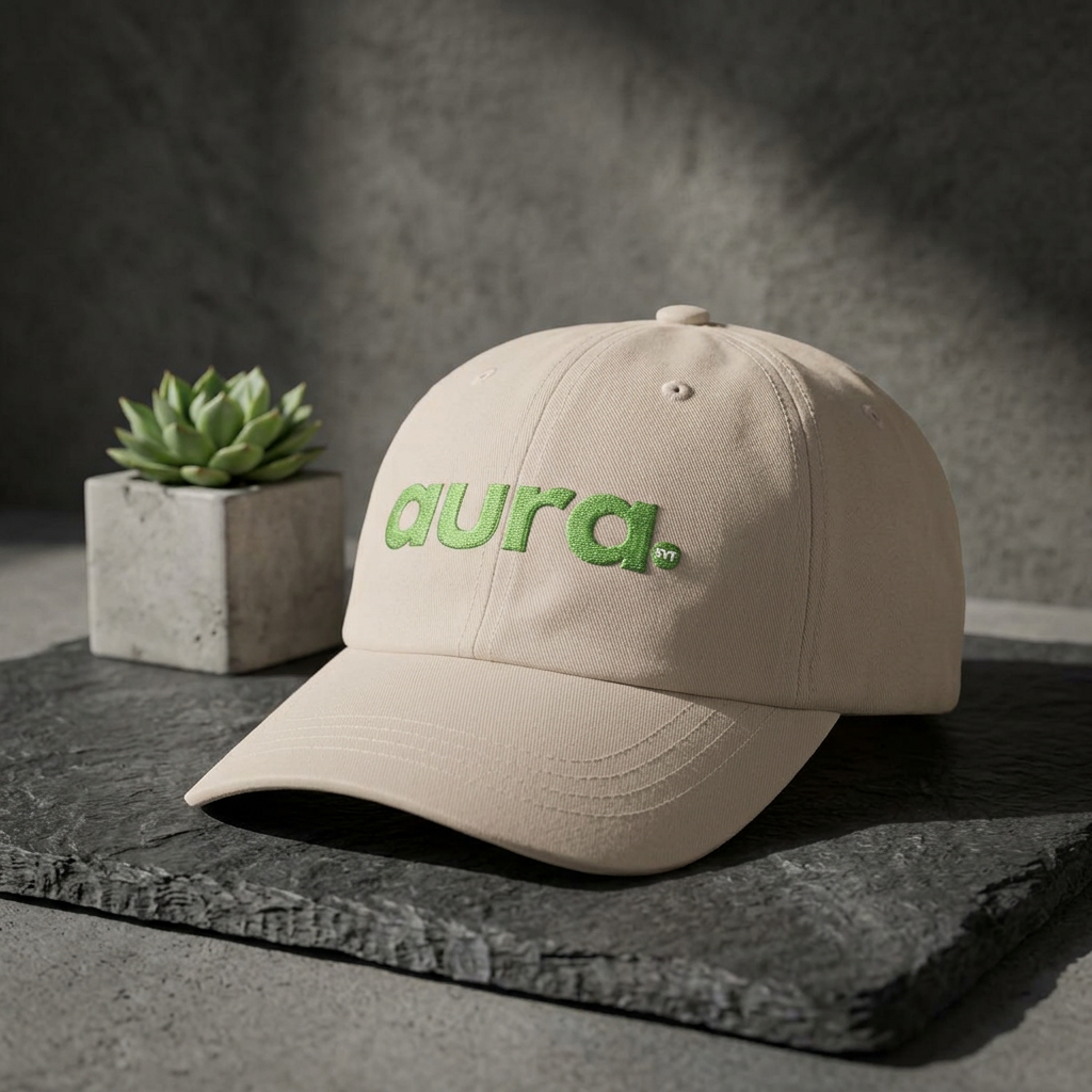 Dad Cap — "aura." Green Grass Embroidered Logo | Casual Eco Vibe Baseball Hat