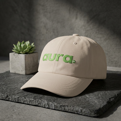 Dad Cap — "aura." Green Grass Embroidered Logo | Casual Eco Vibe Baseball Hat