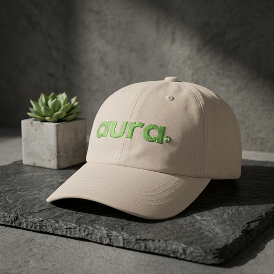 Dad Cap — "aura." Green Grass Embroidered Logo | Casual Eco Vibe Baseball Hat