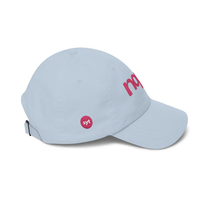 Nope Embroidered Dad Cap — Light Blue Hat with Pink 'nope' Script