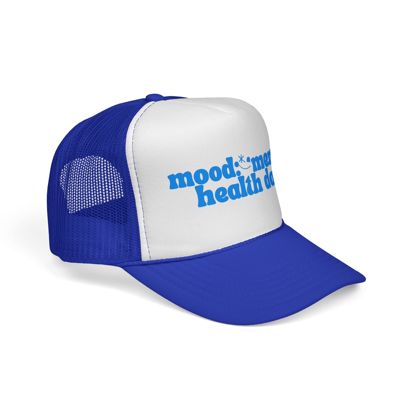 Mental Health Day Trucker Cap — Retro Blue "mood: * mental health day" Design