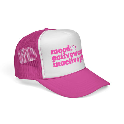 Trucker Cap — “mood: activewear, inactive plans.” Retro Pink Graphic Hat
