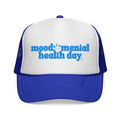Mental Health Day Trucker Cap — Retro Blue "mood: * mental health day" Design