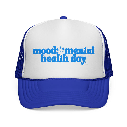 Mental Health Day Trucker Cap — Retro Blue "mood: * mental health day" Design