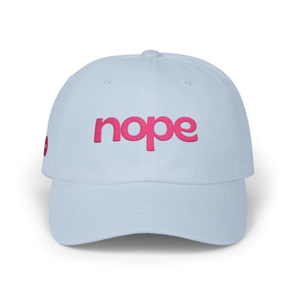Nope Embroidered Dad Cap — Light Blue Hat with Pink 'nope' Script